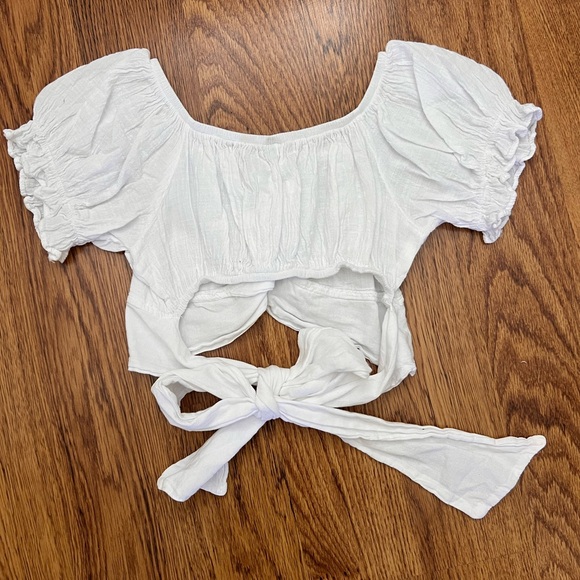 White Cotton Boho Crop Top with Puff Sleeve Back Bow Ruffle Neckline Beach - Picture 5 of 5